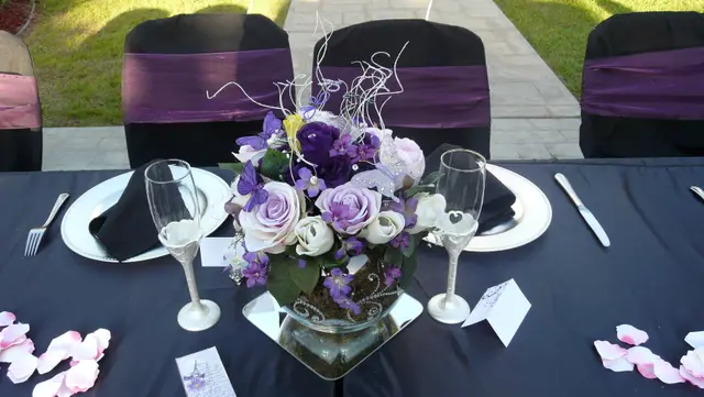 Purple and white floral centerpiece