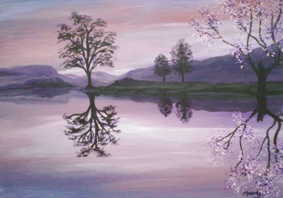 Lavender Reflections, a painting of trees mirrored in a pink lake