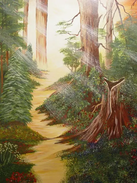 Sunlit Forest Path, painting by Linda Anne Ehlers